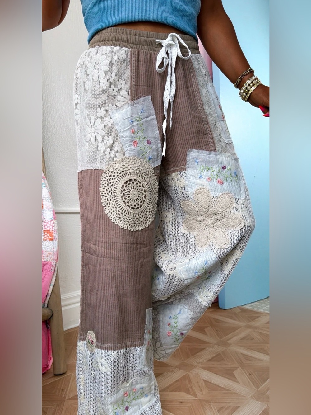 POL Boho Patchwork Wide-Leg Pants — Taupe & Cream Lace Embroidered size Large